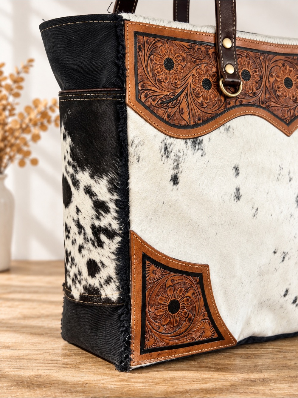 Myra Hair-On Hide Weekender XL Tooled Leather Western Travel Bag NWT - Picture 3 of 12